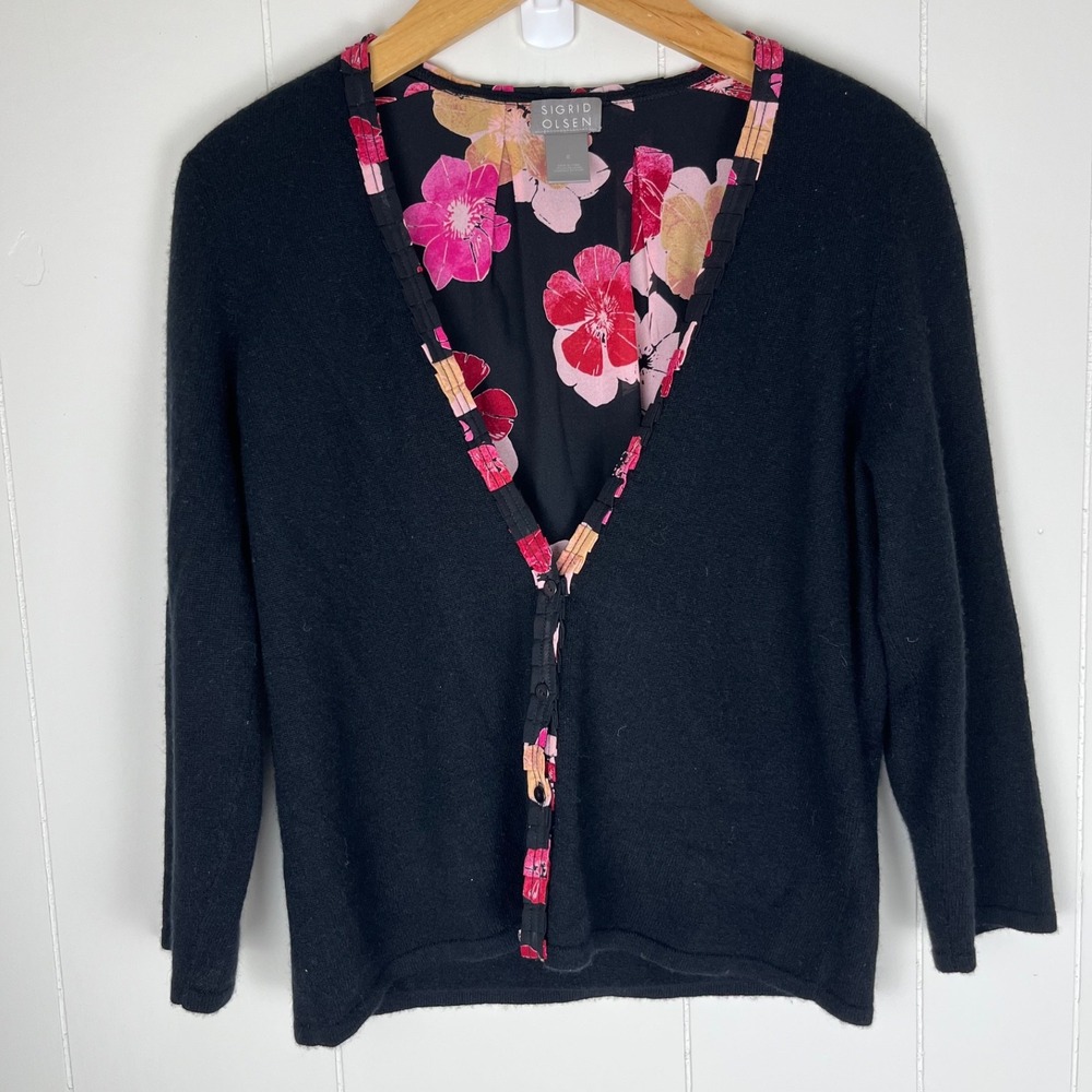 Sigrid Olsen Cashmere Silk Cardigan S Black Pinks Floral Sweater Luxe Romantic